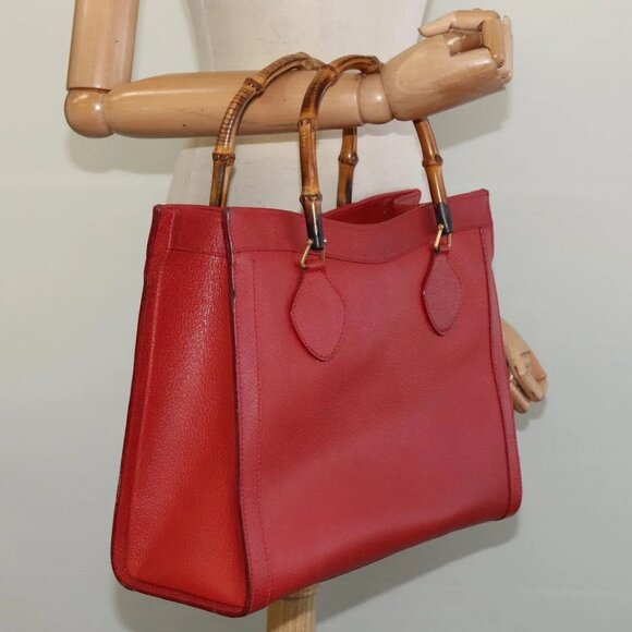 GUCCI Bamboo Hand Bag Leather Red Gold - Picture 13 of 15